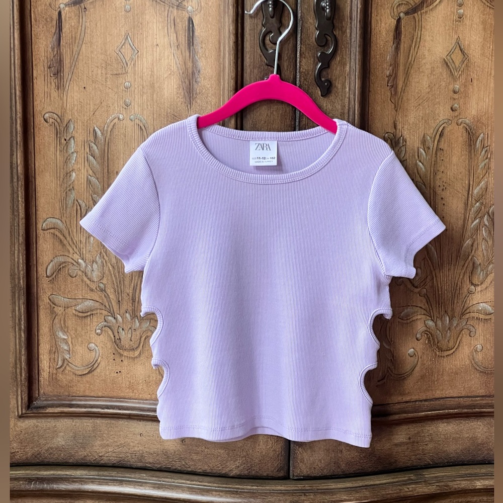 Zara Girls Lavender Ribbed Crop Top Heart Cutout Shirt Sleeve Sz 11/12
